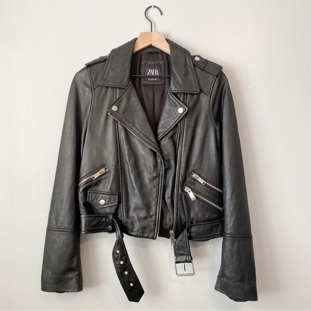 ZARA Black Moto Biker Jacket Genuine Leather size Medium